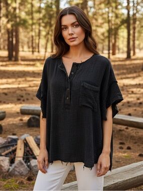 Zenana Oversized Mineral Washed Black Cotton Gauze Short Sleeve Top Boho Feel